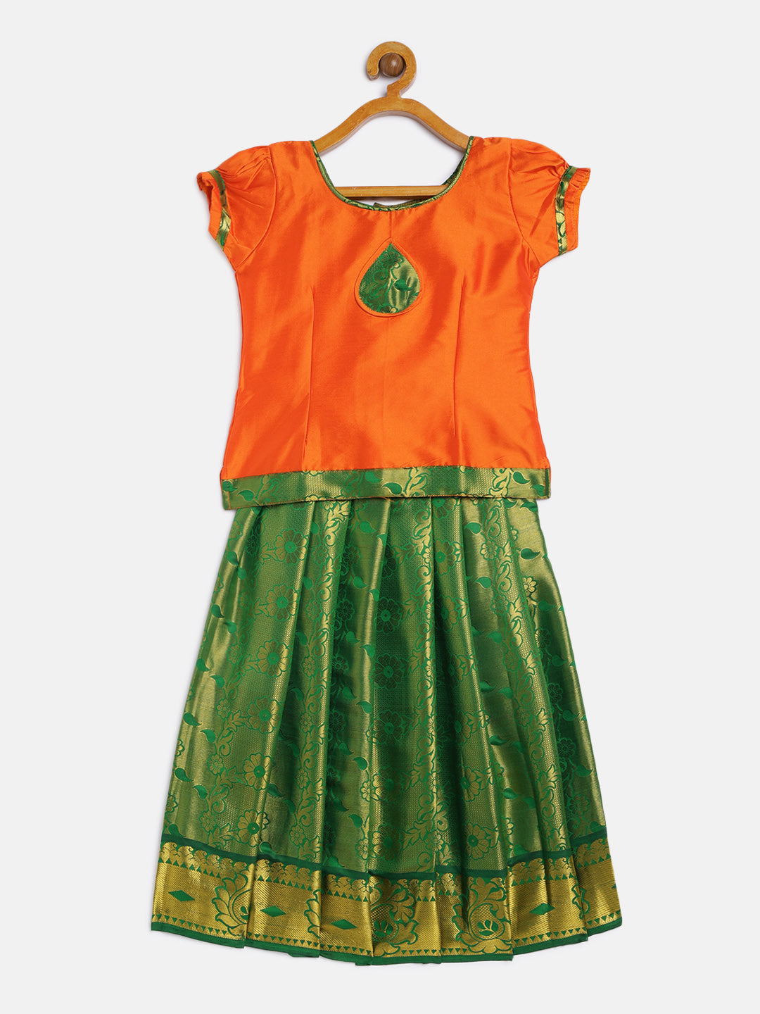 13- Athira-Art Silk Orange Blouse & Green Skirt  With Hem Of Golden Zari Pattu Pavada Set