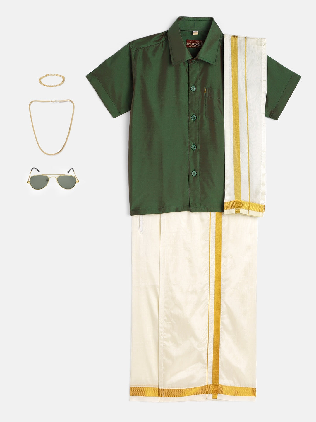 22-Rithvik-Green Shirt &Cream Dhoti With Hem Of Golden Zari Along with Freebies Set