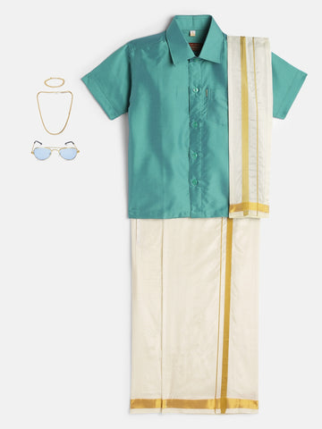 31-Taksh-Light Sky Blue Shirt & Cream Dhoti With Hem Of Golden Zari Along with Freebies Set