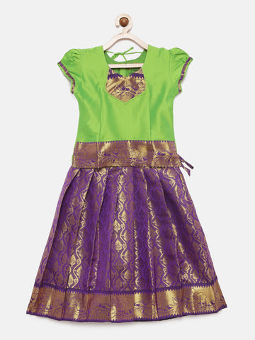 02- Advika- Art Slik parrot Green Blouse & Purple With Hem Of Golden Zari Pattu Pavada Set