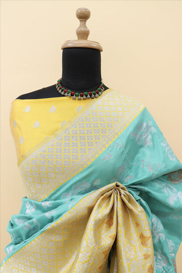 Sea Green With Gold Contrast With Silver And Copper Jari Jacquard Pattu Saree-mb's 4 Fider Jps-1038