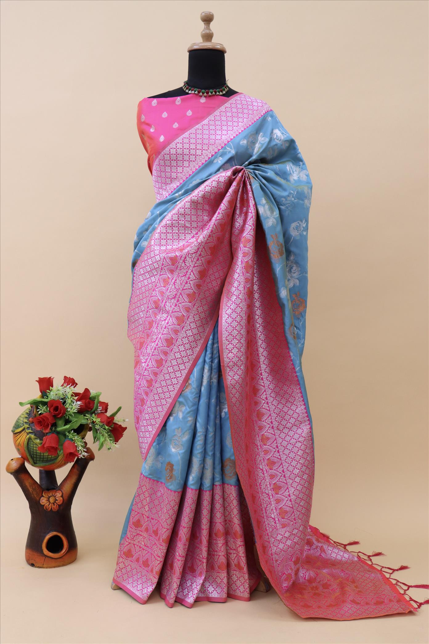 Blue and pink combo pure pattu saree | Saree collection, Saree, Reception  sarees