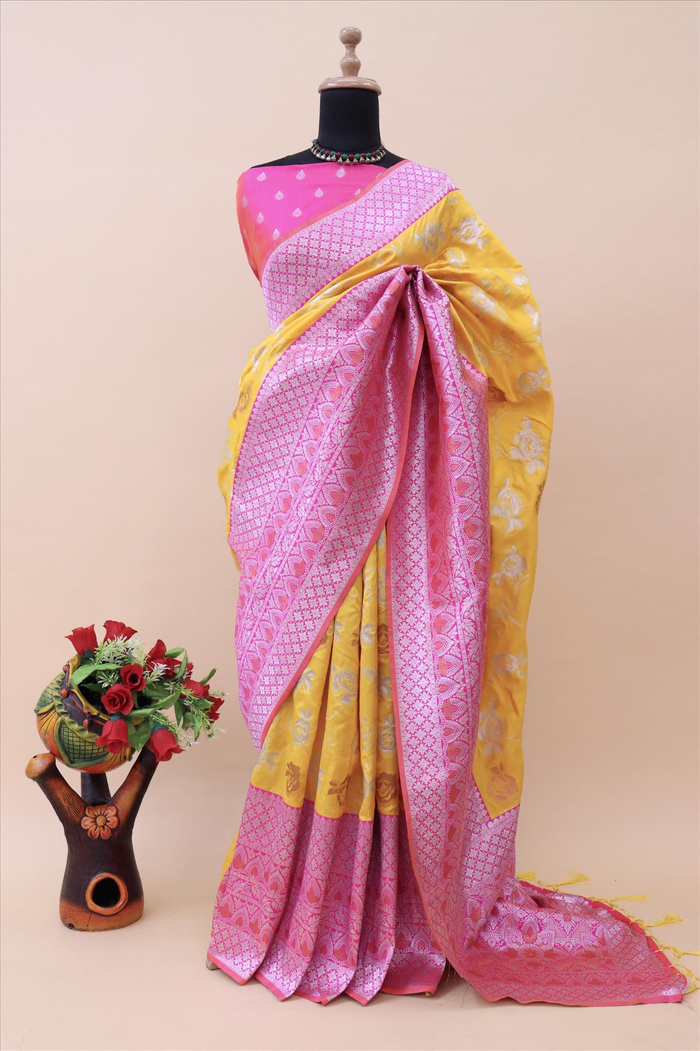 Gold With Rani Contrast With Silver And Copper Jari Jacquard Pattu Saree-mb's 4 Fider Jps-1039