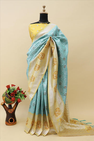 Sea Green With Gold Contrast With Silver And Copper Jari Jacquard Pattu Saree-mb's 4 Fider Jps-1057