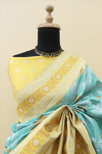 Sea Green With Gold Contrast With Silver And Copper Jari Jacquard Pattu Saree-mb's 4 Fider Jps-1032