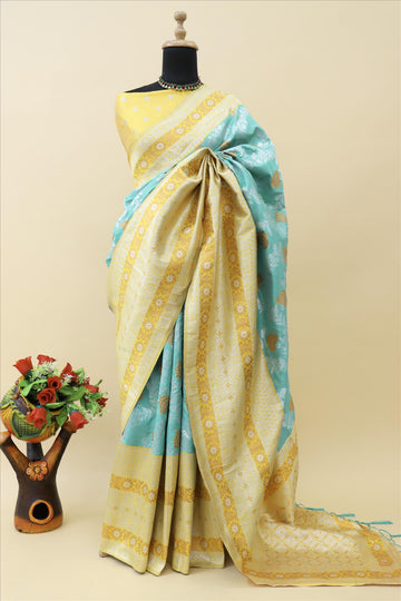 Sea Green With Gold Contrast With Silver And Copper Jari Jacquard Pattu Saree-mb's 4 Fider Jps-1032