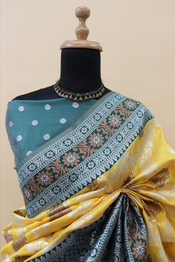 Gold With Bottle Green Contrast With Silver And Copper Jari Jacquard Pattu Saree-mb's 4 Fider Jps-1035