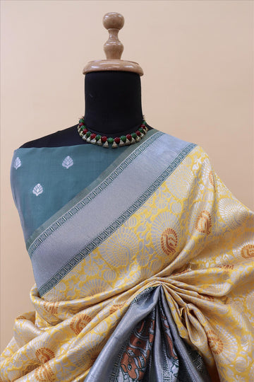 Gold With Bottle Green Contrast With Silver And Copper Jari Jacquard Pattu Saree-mb's 4 Fider Jps-1055