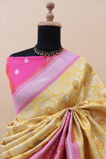 Gold With Rani Contrast With Silver And Copper Jari Jacquard Pattu Saree-mb's 4 Fider Jps-1056
