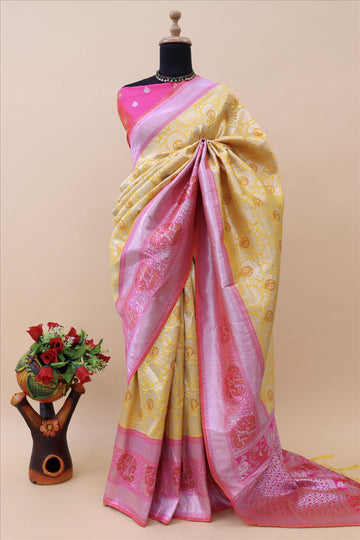 Gold With Rani Contrast With Silver And Copper Jari Jacquard Pattu Saree-mb's 4 Fider Jps-1056