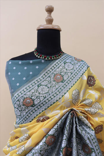 Gold With Bottle Green Contrast With Silver And Copper Jari Jacquard Pattu Saree-mb's 4 Fider Jps-1052