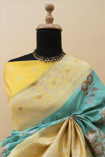 Sea Green With Gold Contrast With Silver And Copper Jari Jacquard Pattu Saree Mb's 4 Fider Jps-1019