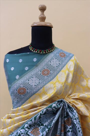 Gold With Bottle Green Contrast With Silver And Copper Jari Jacquard Pattu Saree-mb's 4 Fider Jps-1030