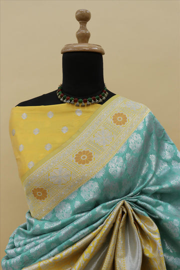Sea Green With Gold Contrast With Silver And Copper Jari Jacquard Pattu Saree-mb's 4 Fider Jps-1026