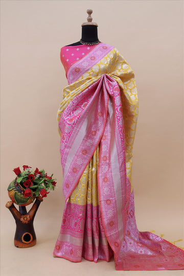 Gold With Rani Contrast With Silver And Copper Jari Jacquard Pattu Saree-mb's 4 Fider Jps-1029