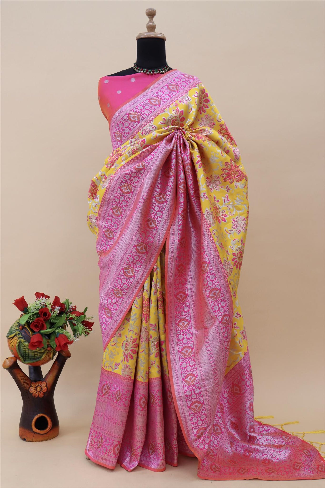 Gold With Rani Contrast With Silver And Copper Jari Jacquard Pattu Saree-mb's 4 Fider Jps-1045