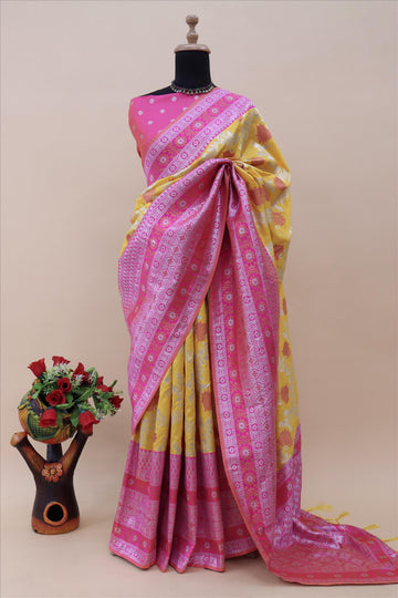 Gold With Rani Contrast With Silver And Copper Jari Jacquard Pattu Saree-mb's 4 Fider Jps-1033