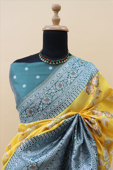 Gold With Bottle Green Contrast With Silver And Copper Jari Jacquard Pattu Saree Mb's 4 Fider Jps-1023