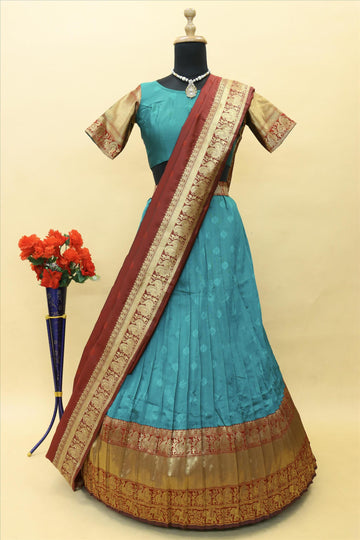 Rama Banarasi Silk Jacquard Half Saree With Contrast Maroon Colour Jacquard Dupatta With Blouse-mb132