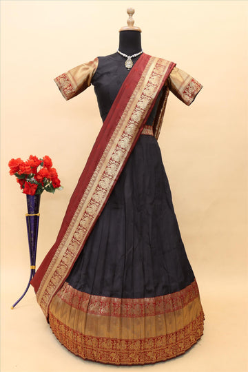 Black Banarasi Silk Jacquard Half Saree With Contrast Maroon Colour Jacquard Dupatta With Blouse-mb129