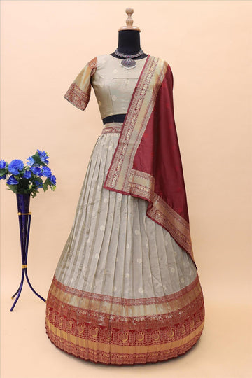 Dusty Cream Banarasi Silk Jacquard Half Saree With Contrast Maroon Color Jacquard Dupatta With Blouse-mb135