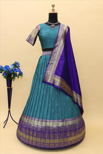 Rama Banarasi Silk Jacquard Half Saree With Contrast Navy Blue Colour Jacquard Dupatta With Blouse-mb137