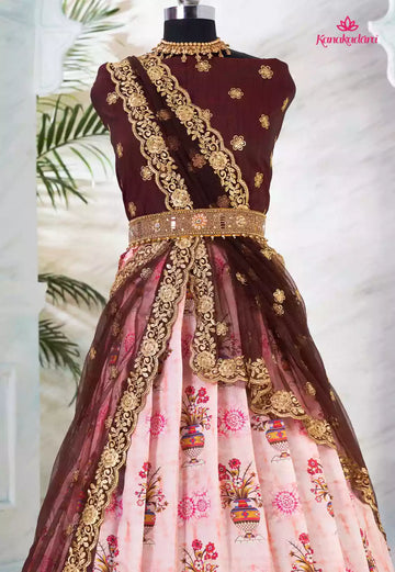 36-BHAGIRATHI-Pink Floral Digital Printed Half Saree
