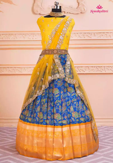 52-NEESHIKA-Royalblue Yellow Floral Kalamkari Digital Printed Half Saree