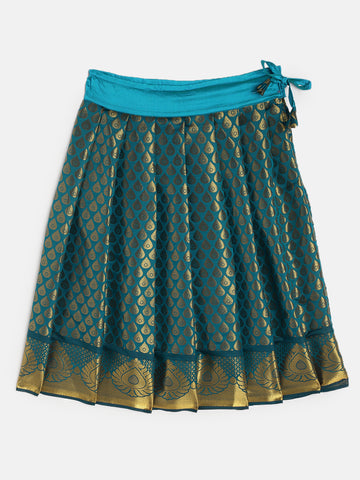 16-Ektha-Art Silk Cream Blouse & Teal Skirt With Hem Of Golden Zari Pattu Pavada Set