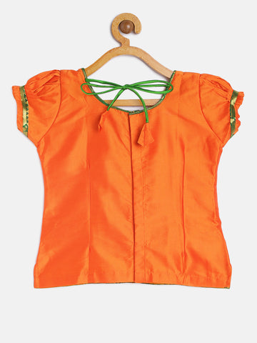 13- Athira-Art Silk Orange Blouse & Green Skirt  With Hem Of Golden Zari Pattu Pavada Set