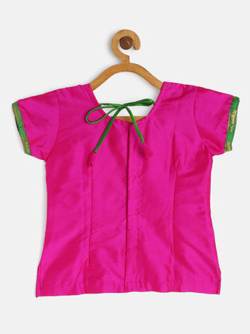 15-Dheera- Art Silk Pink Blouse & Green Skirt With Hem Of Golden Zari Pattu Pavada Set