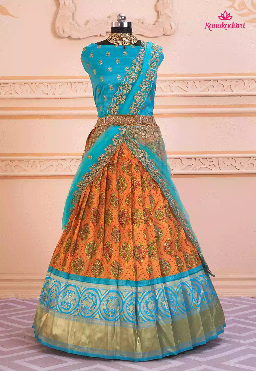 14-SHRIYA-Orange Floral Kalamkari Digital Printed Half Saree