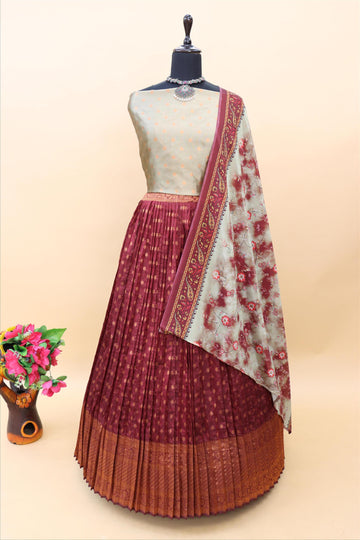 Maroon Banarasi Silk Jacquard Half Saree With Digital Printed Dupatta-mb120