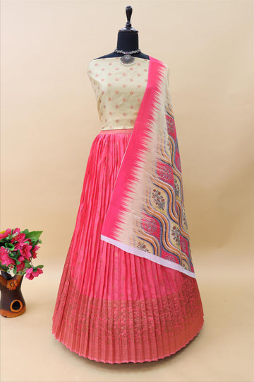 Tomato Pink Banarasi Silk Jacquard Half Saree With Digital Printed Dupatta-mb121