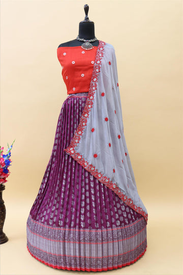 Wine Banarasi Silk Jacquard Half Saree With Contrast Silver Colour Embroidered Dupatta And Blouse-mb124