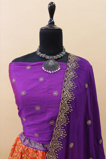 Orange Banarasi Silk Jacquard Half Saree With Contrast Violet Colour Embroidered Dupatta And Blouse-mb125