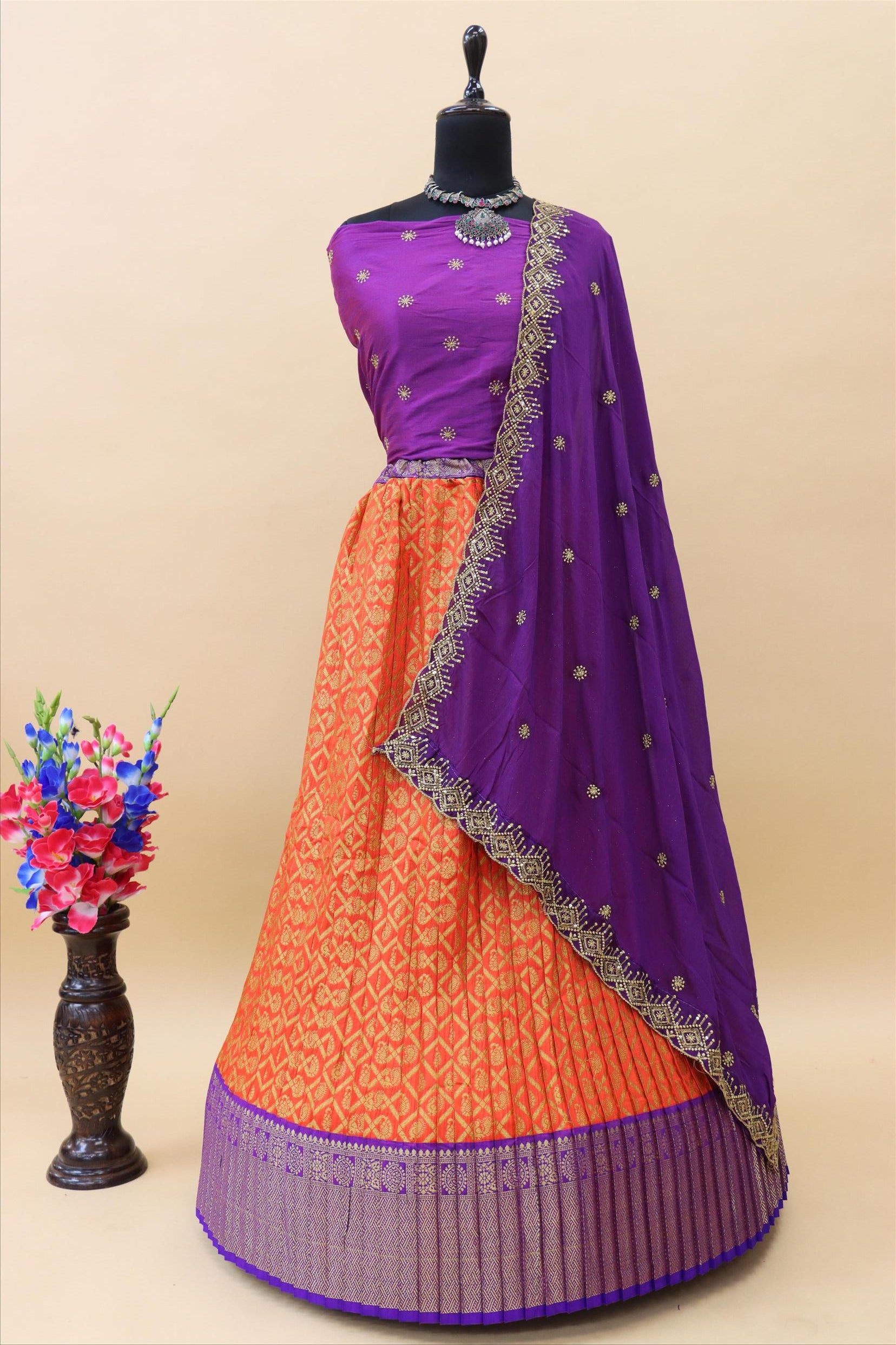 Buy HALFSAREE STUDIO Peach Pure Banarasi silk Zari work Half Saree Lehenga  Online at Best Prices in India - JioMart.
