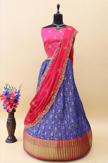 Royal Blue Banarasi Silk Jacquard Half Saree With Contrast Pink Colour Embroidered Dupatta And Blouse-mb126