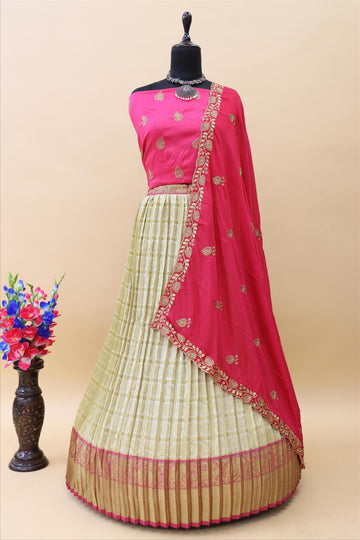 Cream Banarasi Silk Jacquard Half Saree With Contrast Pink Colour Embroidered Dupatta And Blouse-mb127