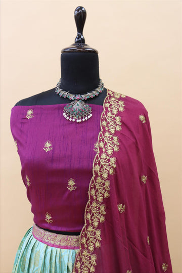 Firozi Banarasi Silk Jacquard Half Saree With Contrast Wine Colour Embroidered Dupatta And Blouse-mb128