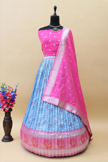 Firozi With Pink Contrast Border Silver And Copper Jari Mixure Banarasi Silk Jacquard Half Saree With Pink Dupatta-mb114