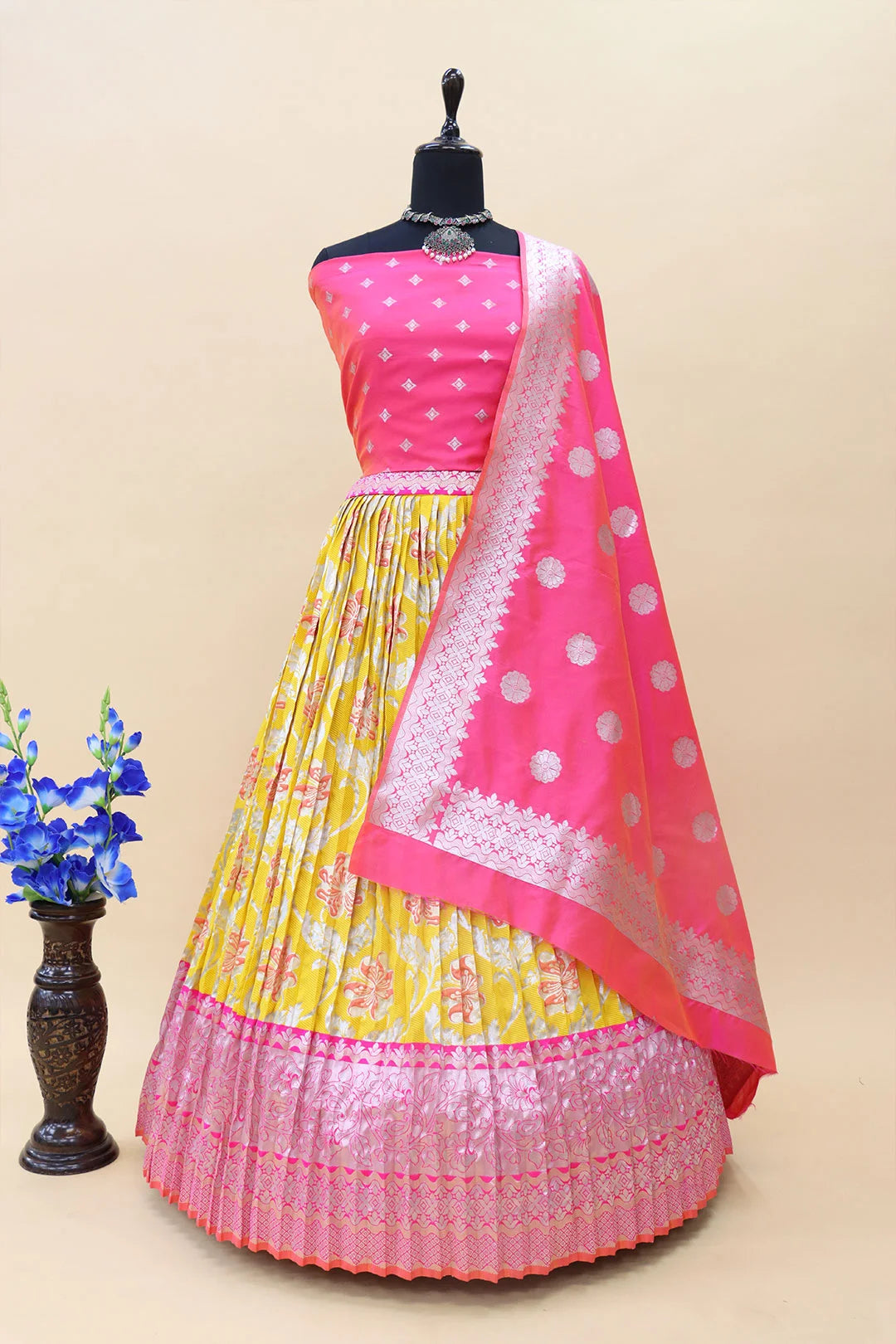 Gold With Pink Contrast Border Banarasi Silk Jacquard Half Saree With Pink Dupatta-mb107
