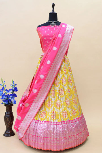 Gold With Pink Contrast Border Banarasi Silk Jacquard Half Saree With Pink Dupatta-mb107