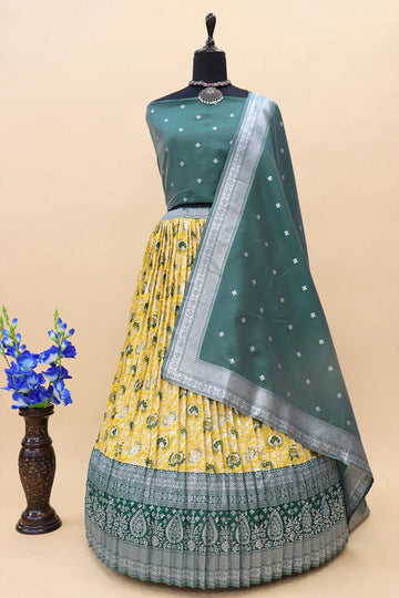 Gold With Bottle Green Contrast Border Banarasi Silk Jacquard Half Saree With Pink Dupatta-mb108