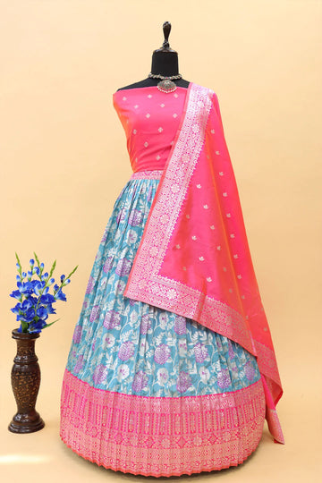 Firozi With Tomato Pink Contrast Border Banarasi Silk Jacquard Half Saree With Pink Dupatta-mb109