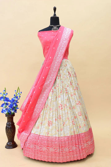Cream With Gajari Pink Contrast Border Banarasi Silk Jacquard Half Saree With Pink Dupatta-mb110