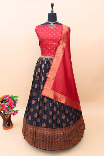 Black Banarasi Silk Jacquard Half Saree With Red Dupatta-mb105