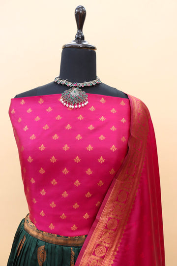 Bottle Green Banarasi Silk Jacquard Half Saree With Pink Dupatta-mb101