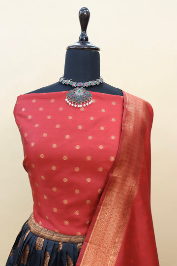 Black Banarasi Silk Jacquard Half Saree With Red Dupatta-mb105