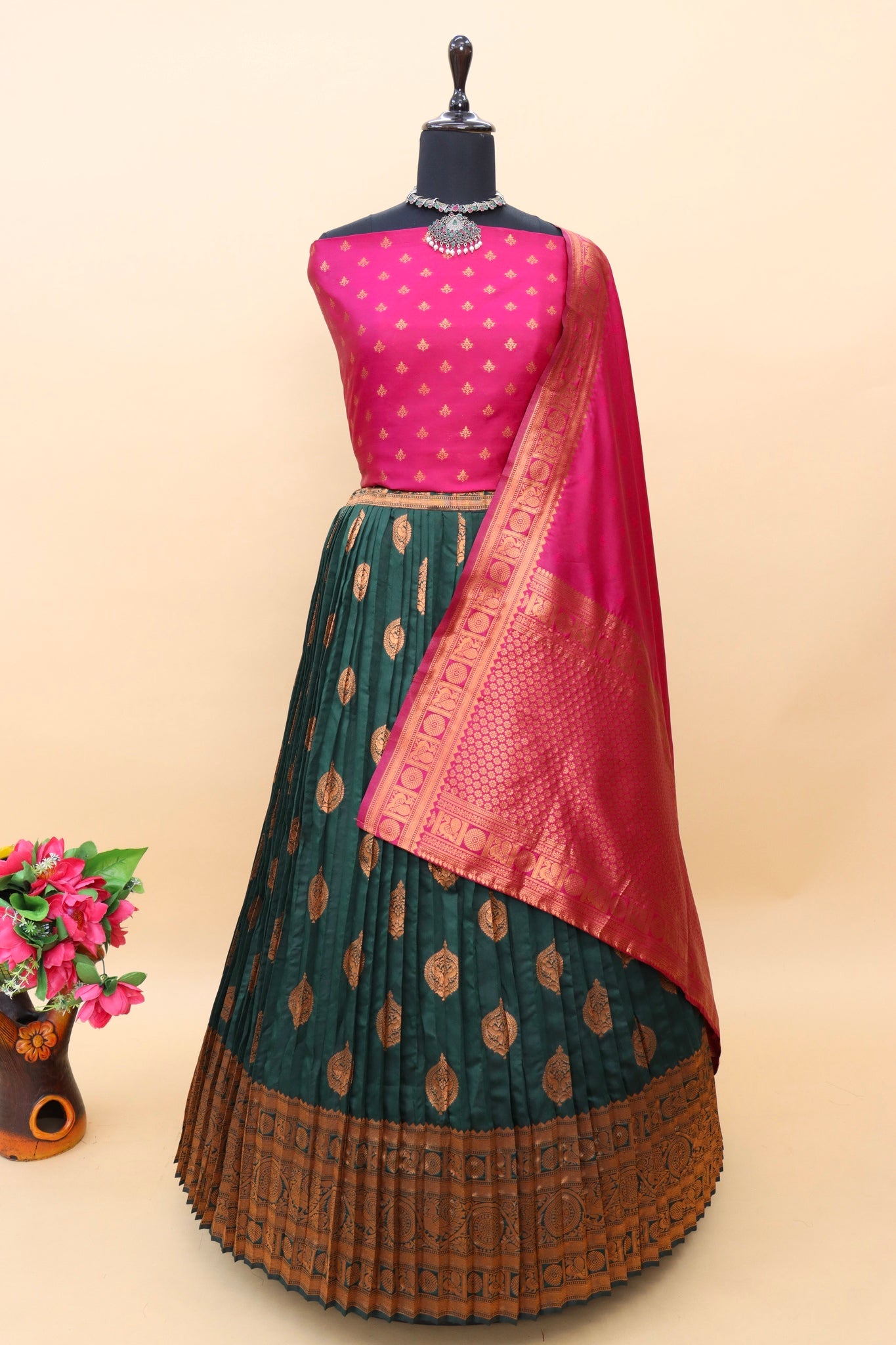 Buy Peacock Green and Pink Banarasi Silk Bridal Lehenga Choli Online